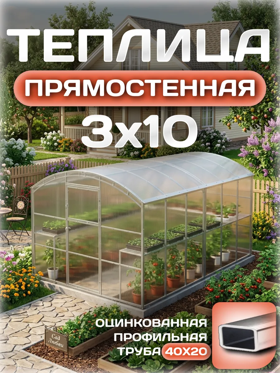 Теплица прямостенная 3х10 м, каркас 40х20, шаг дуг 0.65 м усиленная с поликарбонатом 4 мм, стандарт